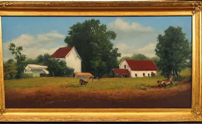 Image similar to oil painting of a beautiful farm in the style of gustave baumann