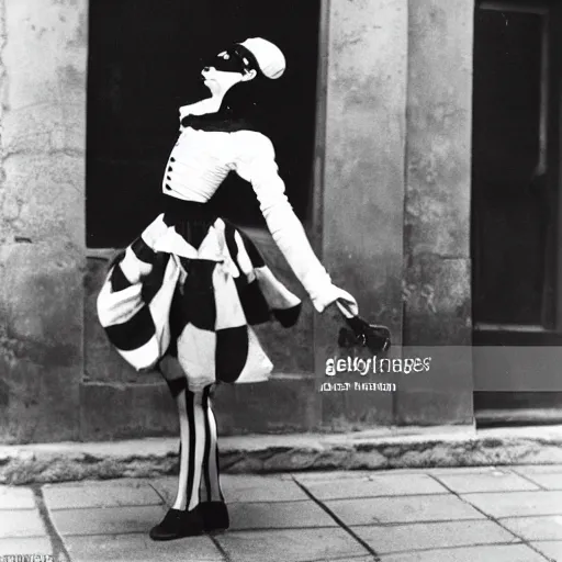 Image similar to a photo of a harlequin mime in madrid in the spanish civil war