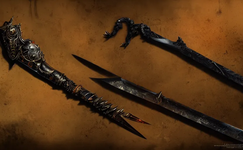 Image similar to legendary sword of cybernetic technology lying flat on a glowing table, digital award winning hd matte painting, intimate dark moody, intricate, long sharp black and iridescent blade, ornate spikes, colorful hilt, detailed realistic, raytraced blade, colored gems, golden pommel, in the style of greg rutkowski and krenz cushart, deviantart