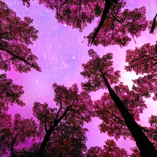 Image similar to peering upward toward a canopy of pink leaves against a starry night sky, realistic