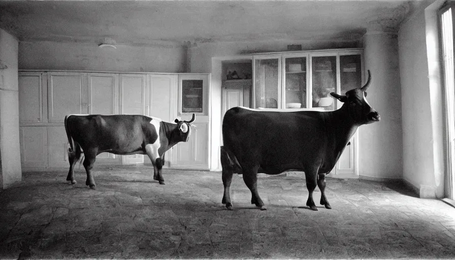 Prompt: a giants cow in a stalinist style kitchen, by mini dv camera, very very low quality, heavy grain, very blurry, accidental flash, caught on trail cam