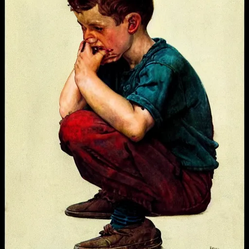 Prompt: A sad boy, artwork by Norman Rockwell, cinematic view, high quality