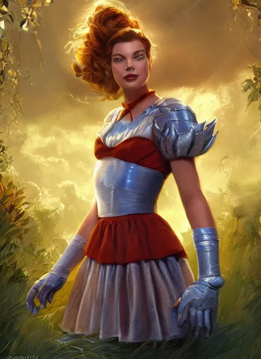 Image similar to beautiful female dorothy gale, rebecca romijn as dorothy, full body character concept, armor, super powers, fantasy, intricate, elegant, highly detailed, digital painting, artstation, concept art, shining, sharp focus, illustration, art by stanley lau