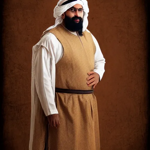 Prompt: middle aged man, dark complexion, well trimmed beard, middle ages middle eastern clothing, portrait full body view, middle easter contemporary artstyle