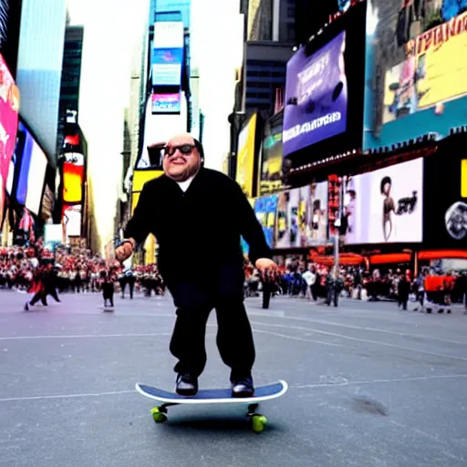 Image similar to photograph of danny devito skateboarding in times square