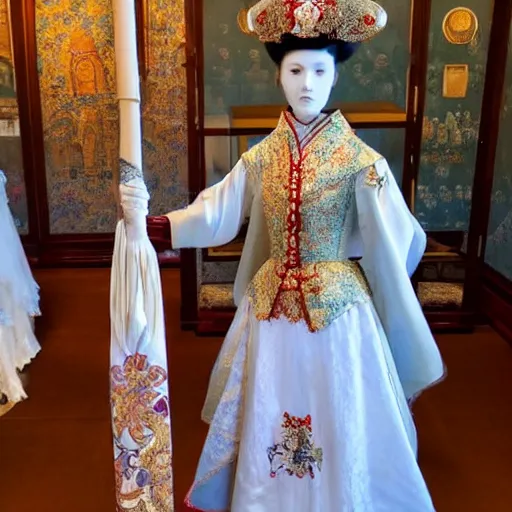 Prompt: An empress bridal ensemble is shown on a mannequin in a museum from a 1900s historical fantasy that combines Russian and Japanese influences.