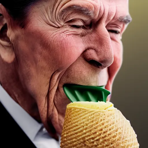 Image similar to ronald reagan enjoying an ice cream cone, monochrome 4 k