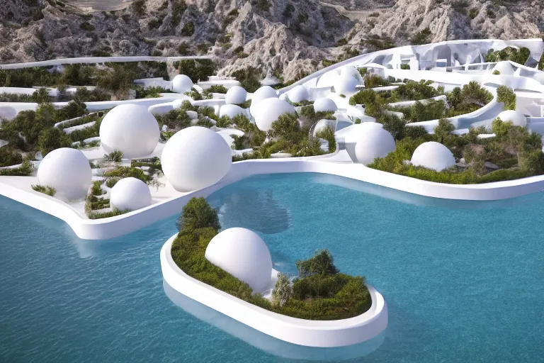 Prompt: the white buildings of palais bulles, which are formed by the intersection of many white egg shaped spherical spaces, are on the calm lake surface, human perspective, future, interior wood, marble, award winning, highly detailed 4 k art, dusk, unreal engine highly rendered, global illumination, radial light, internal environment