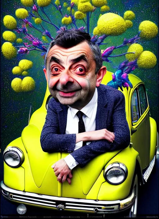 Image similar to hyper detailed 3d render like a Oil painting muted colors - slightly silly portrait of Rowan Atkinson cross eyed as Mr. Bean atop his yellow beetle in Aurora seen tickling of the Strangling network of yellowcake aerochrome and milky Fruit and Her delicate Hands hold of gossamer polyp blossoms bring iridescent fungal flowers whose spores black the foolish stars by Jacek Yerka, Mariusz Lewandowski, Houdini algorithmic generative render, Abstract brush strokes, Masterpiece, Edward Hopper and James Gilleard, Zdzislaw Beksinski, Nicoletta Ceccoli, Wolfgang Lettl, hints of Yayoi Kasuma, octane render, 8k