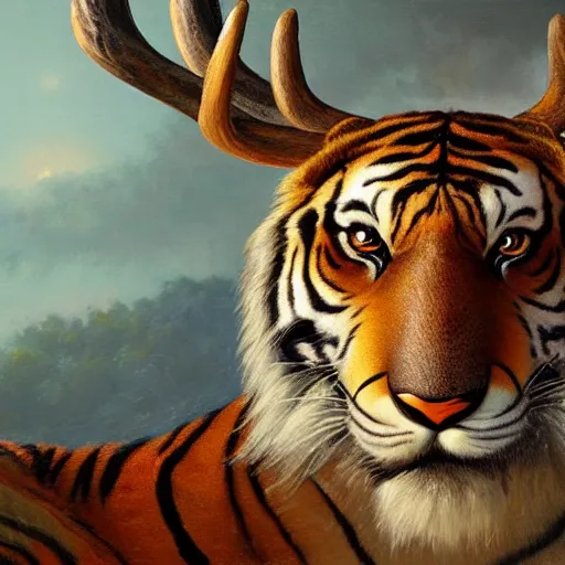 Image similar to tiger - deer creature, oil painting by justin gerard