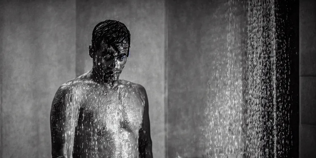 Image similar to sri lankan man in a shower, film still, psycho thriller movie style