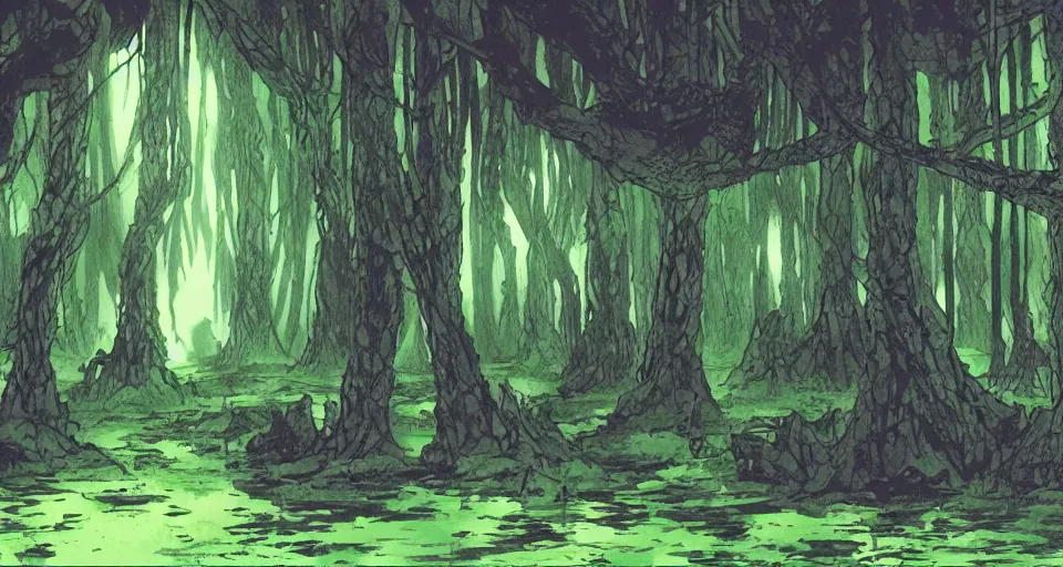 Image similar to A dense and dark enchanted forest with a swamp, from Evangelion