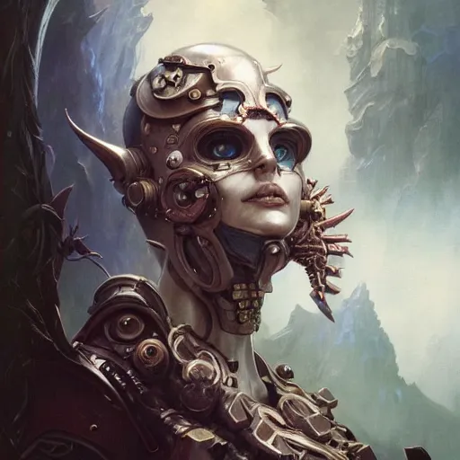 Image similar to beautiful evil fantasy character portrait, ultra realistic, cyborg, wide angle, intricate details, ninja artifacts, highly detailed by peter mohrbacher, hajime sorayama, wayne barlowe, boris vallejo, aaron horkey, gaston bussiere, craig mullins