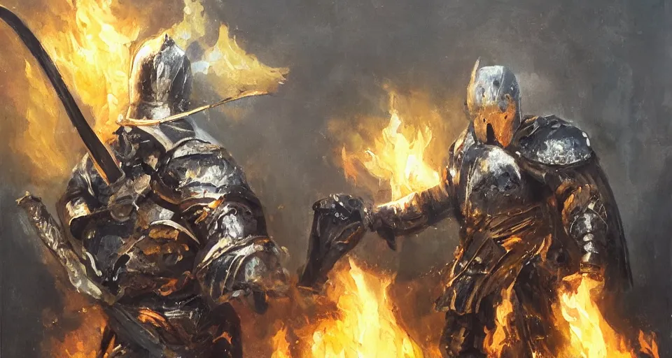 Image similar to An oil painting of a knight in dark metal armor wielding a flaming sword