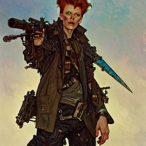 Prompt: post apocalyptic david bowie, fantasy, d & d, intricate, detailed, by by alphonse mucha, adolfo hohenstein, alice russell glenny, stanley artgerm lau, greg rutkowski, detailed, trending on artstation, trending on artstation, smooth