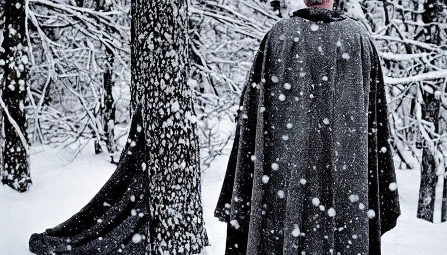 Prompt: 1 9 6 0 s movie still close up of marcus aurelius breast - plate dark cape frozen lay on the snow by the side of a river with gravel, pine forests, cinestill 8 0 0 t 3 5 mm b & w, high quality, heavy grain, high detail, texture, dramatic light, anamorphic, hyperrealistic, detailed hair, foggy