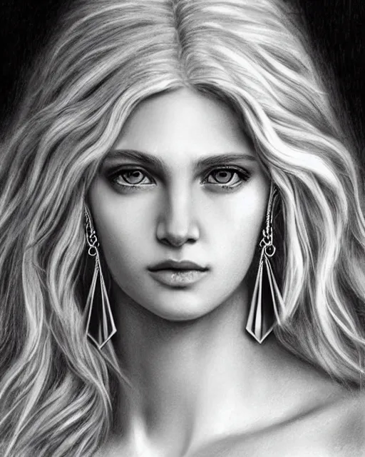 Prompt: pencil drawing of a beautiful greek goddess aphrodite with arrowhead earrings, beautiful piercing eyes, beautiful blonde hair, hyper realistic face, in the style of greg rutkowski, fantasy, amazing detail, epic, elegant, smooth, sharp focus, from the front