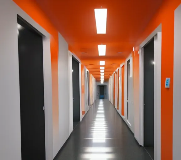 Image similar to fancy corridor with orange walls and white tile floor. black bench on the left. tv hanging in the right upper corner. end of the corridor is dark and hard to see.