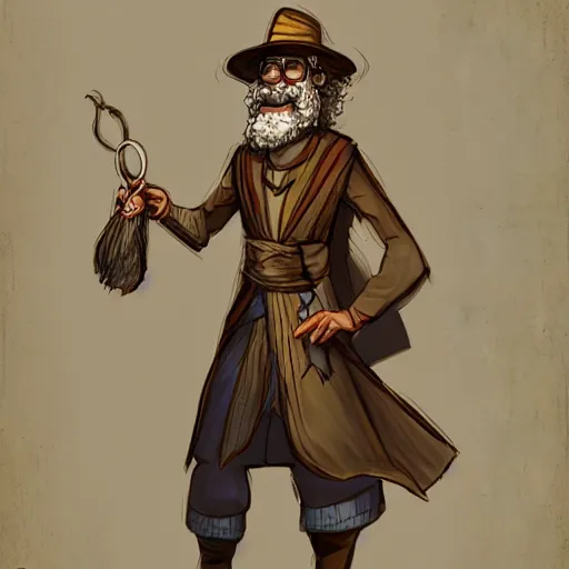 Prompt: man_mage Character art of a D&D wizard doing magic in his laboratory, with a blond beard and curly hair and a wide-brimmed straw hat, concept art, digital art