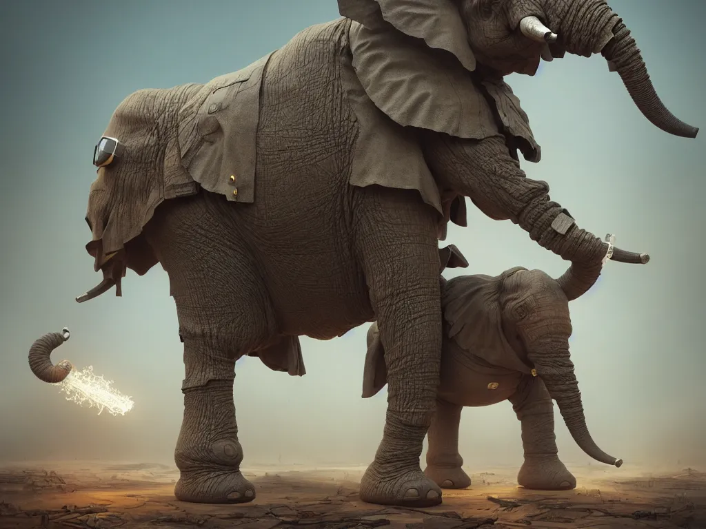 Prompt: war elephant, half robot, lsd - color, by leesha hannigan, wayne haag, reyna rochin, ignacio fernandez rios, mark ryden, iris van herpen, highly detailed, epic, octane render, excellent composition, 8 k, trending on artstation, cinematic lighting, masterpiece, behance contest winner, stunning, gorgeous, much wow