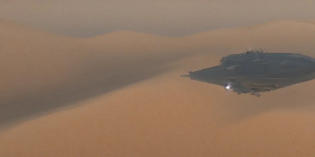 Image similar to screenshot from a renaissance airship cyberpunk cinematic masterpiece, small craft flying into a sandstorm, fps, cinematography, photo, photography, 4 k, by greg rutkowski, roger deakins
