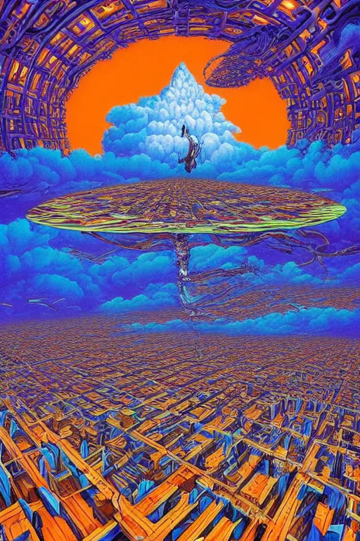 Prompt: psychdelic city dreamworld in the clouds, surrealist and abstract digital art trending on artstation by artist Rob Gonsalves and Mark Riddick supreme peace immense knowledge black blue gold orange purple dmt art