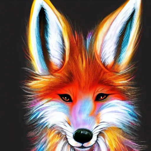 Prompt: cute fluffy fox with rabbit ears and long colorful flowing fur with mohawk hairstyle hybrid animal detailed painting 4 k