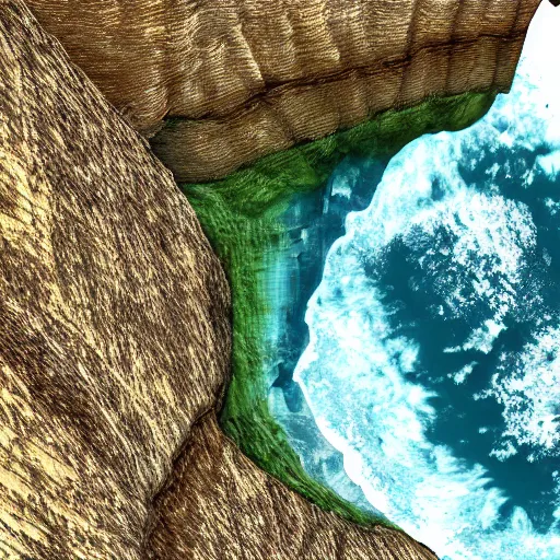 Prompt: concave islands surrounded by steep crystalline cliffs, high quality digital art