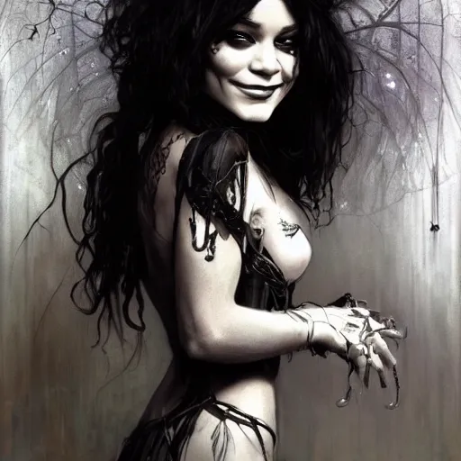 Image similar to beautiful portrait of vanessa hudgens as death from sandman, smiling, by cedric peyravernay, alphonse mucha, by jeremy mann, by lecouffe deharme, goth chic, soft lightning, eyeliner, punk rock, high detailed, 8 k