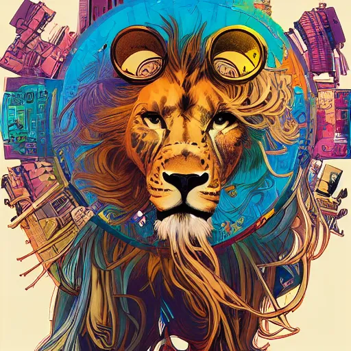 Image similar to cyberpunk lion implants cyborg portrait illustration, pop art, splash painting, art by geof darrow, ashley wood, alphonse mucha, makoto shinkai