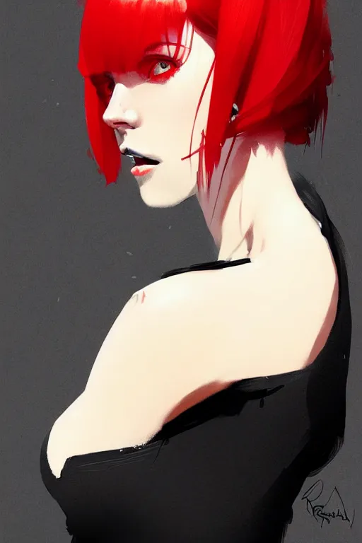 Image similar to a ultradetailed beautiful portrait panting of a stylish woman with red bangs, she is wearing a black dress, by conrad roset, greg rutkowski and makoto shinkai, trending on artstation