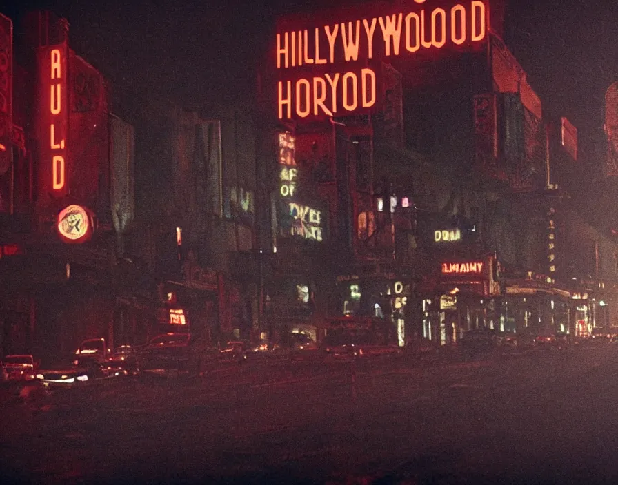 Prompt: The city of Hollywood, horror, surreal, directed by David Lynch, highly detailed, cinematic, film shot, 8k