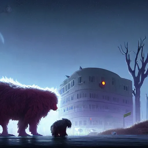 Image similar to giant furry creature lurking over a cowering smaller creature, in the foreground a small town, epic science fiction horror digital matte painting by Simon Stalenhag and Mark Brooks, extremely detailed, artstation