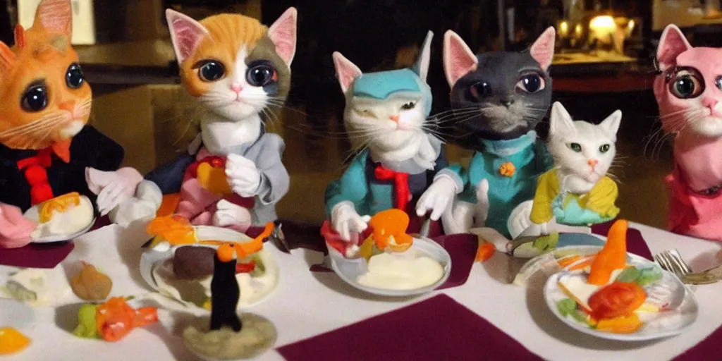 Image similar to claymation cats dressed fancy eating a delicious meal wiith the company of good friends