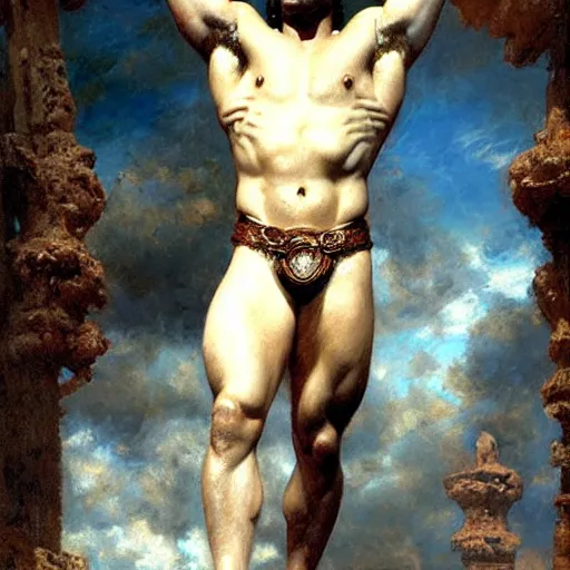 Prompt: Henry Cavill as a greek god, muscular, detailed face, thighs, painting by Gaston Bussiere, Craig Mullins