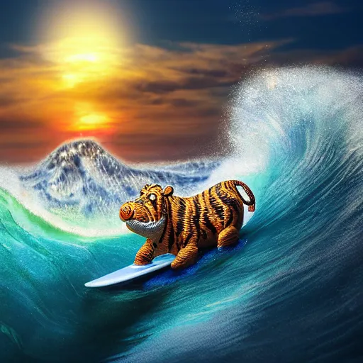 Image similar to a closeup photorealistic photograph of a cute smiling knitted tiger hippopotamus riding a large wave at sunset. surf in background. professional capture. brightly lit scene. this 4 k hd image is trending on artstation, featured on behance, well - rendered, extra crisp, features intricate detail, epic composition and the style of unreal engine.