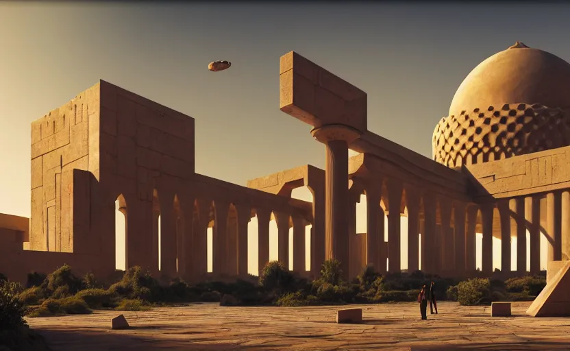 Image similar to exterior shot of utopian ancient persian architecture with cinematic lighting by zaha hadid peter zumthor and renzo piano, darek zabrocki and greg ruthkowski, simon stalenhag, cinematic, holy place, paradise, scifi, futurism, atmospheric, concept art, artstation, trending on artstation