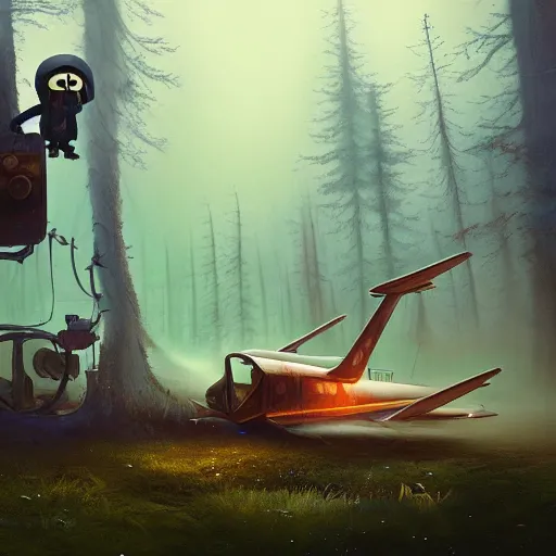 Image similar to a young pilot next to his crashed plane in a magical forest, with fog in the distance, steampunk, an epic fantasy, dramatic lighting, cinematic, establishing shot, extremely high detail, photorealistic, cinematic lighting, artstation, by simon stalenhag, christopher nolan