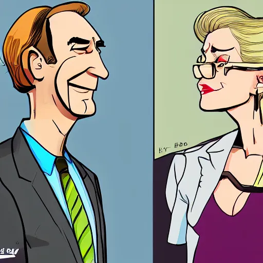 Image similar to kim wexler and saul goodman, cartoon concept art, trending on artstation, high quality