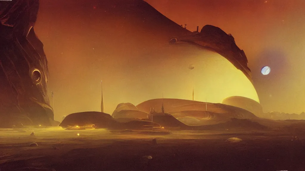 Image similar to otherworldly atmosphere of the first spaceship on venus by arthur haas and bruce pennington and john schoenherr, cinematic matte painting
