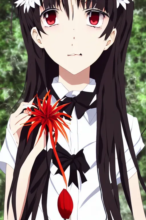 Image similar to Key anime visual of a beautiful girl with black hair and red eyes holding a spider lily; wearing white blouse with black tie; trending on Pixiv; digital art