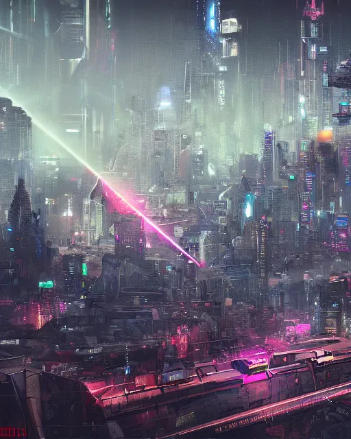 Prompt: cyberpunk drone above a city, scifi, futuristic, neon light, highly detailed, concept art, sharp focus, trending on artstation, intricate, atmosphere, raining, art by roman makarenko, dzung phung dinh