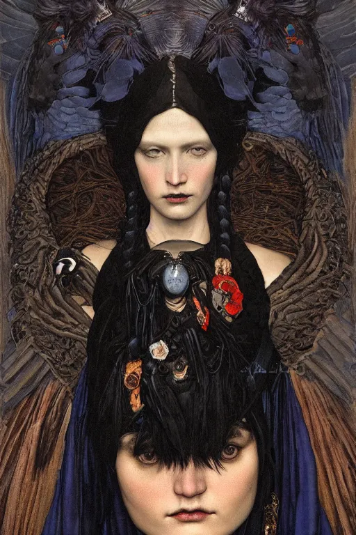 Image similar to portrait of a goth shaman with the head of a raven, by Annie Swynnerton and Nicholas Roerich and John Bauer and John William Godward and Donato Giancola and Vermeer, black leather and embroidered velvet, iridescent beetles, rich color, dramatic cinematic lighting, featured on Artstation, extremely detailed