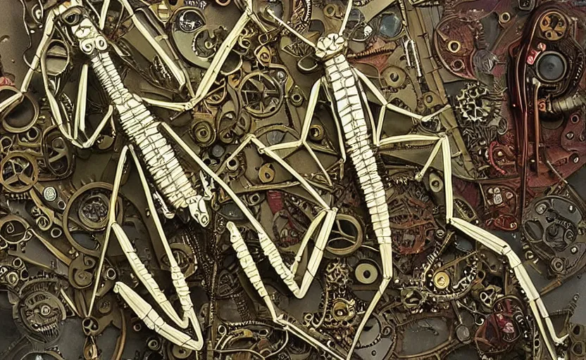 Prompt: mechanical praying mantis with small parts and intricate details, metal scapes, steampunk, art nouveau style