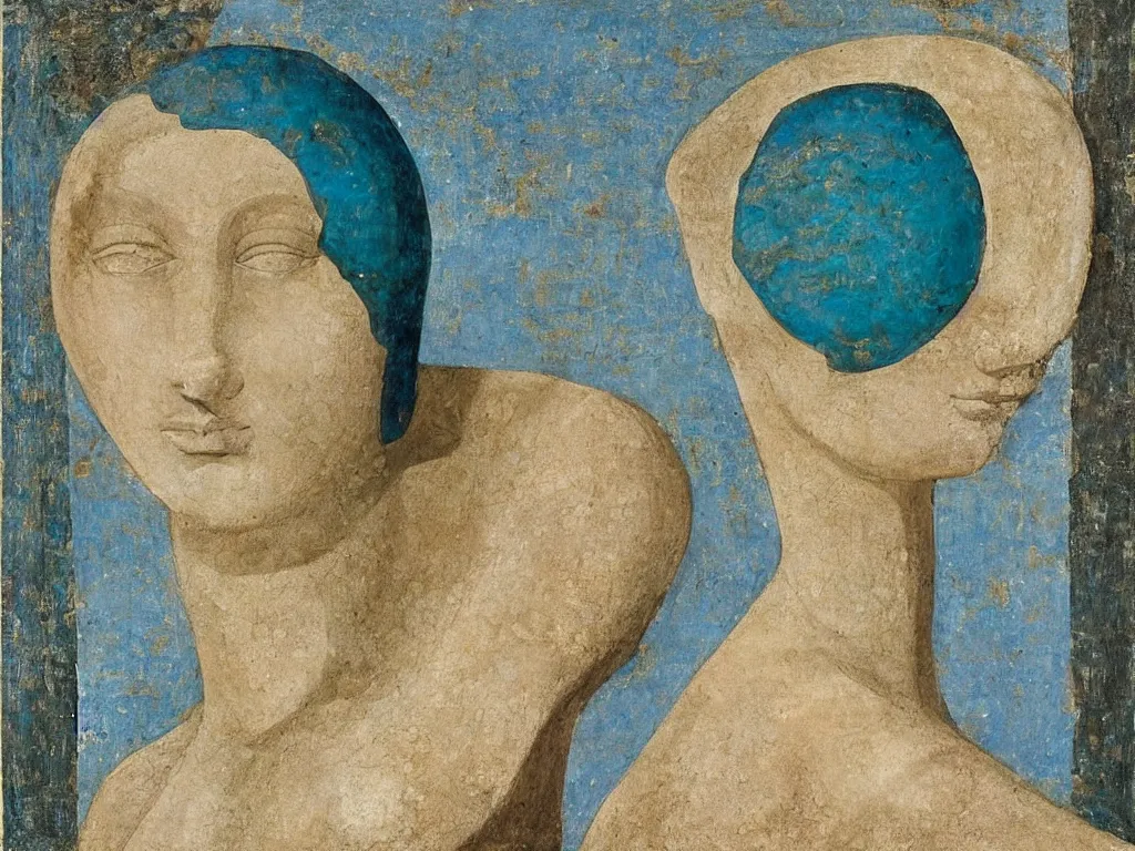 Image similar to greek sculpture of head with inlaid crystal eyes lying in the sand. lapis - lazuli, turquoise, malachite, cinnabar, earth brown. painting by piero della francesca, balthus, agnes pelton