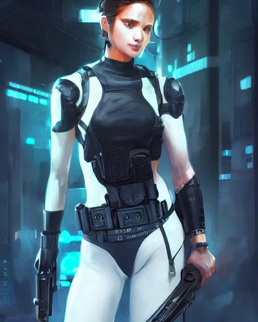 Prompt: nami, young female swat officer, neon, cyberpunk, futuristic, white top, black vest, stunning, highly detailed, digital painting, smooth, soft focus, illustration, 4 k digital art from artstation by artgerm and greg rutkowski and alphonse mucha