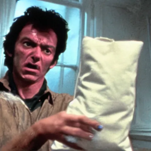 Image similar to film still of a funny looking werewolf with his hand extended, looking at a bag of flour, in an american werewolf in london