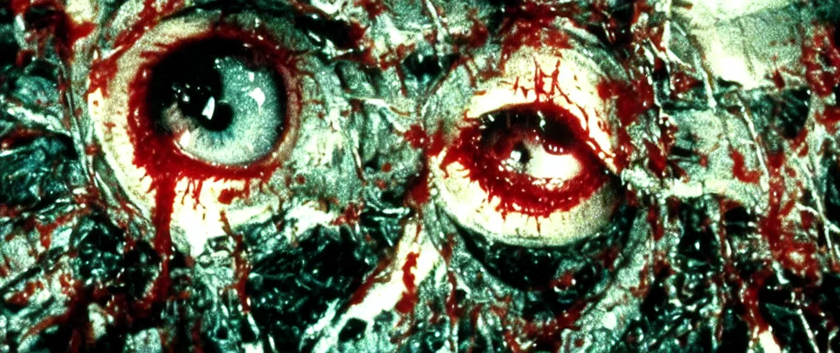 Image similar to filmic extreme wide shot dutch angle movie still 35mm film color photograph of a doctor getting his both his eyeballs pulled out by dangerous alien worms coming from off camera, blood splattering, in the style of The Thing 1982 horror film