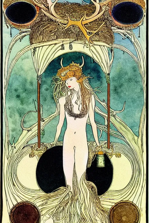 Image similar to a frothy wooden tankard of ale in the center of a frame made of antlers and coins, art by kay nielsen and walter crane, illustration style, watercolor