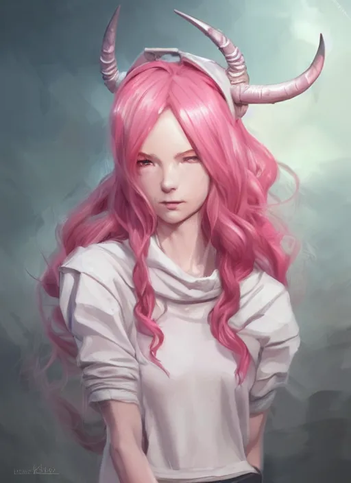 Prompt: a highly detailed illustration of cute smug pink haired pale girl with curved horns wearing oversized pink hoodie, dramatic smirk pose, intricate, elegant, highly detailed, centered, soft light, character design, cushart krenz, digital painting, artstation, concept art, smooth, sharp focus, league of legends concept art, wlop.